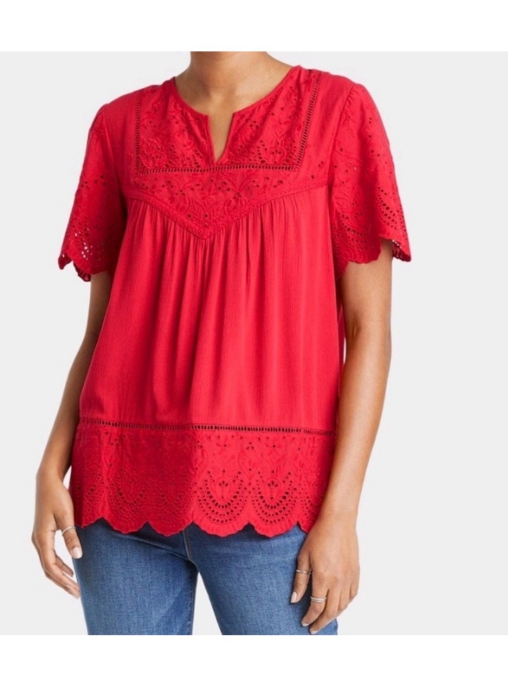 Red Eyelet Split-Neck Women's Top Knox Rose